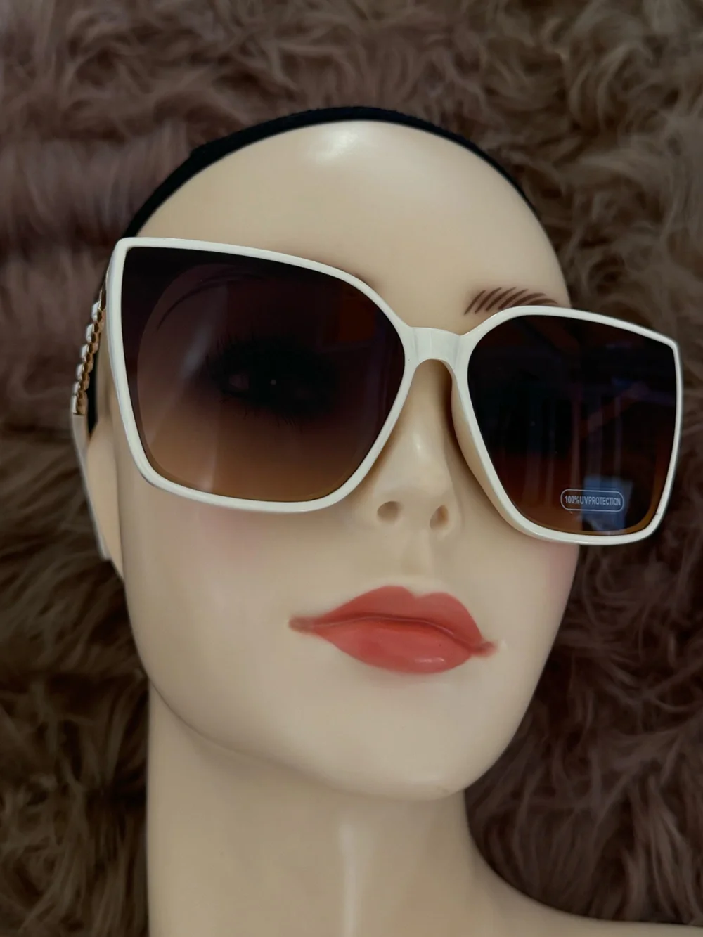 Futuristic sunglasses white cat eye brown lens gold chain style accents